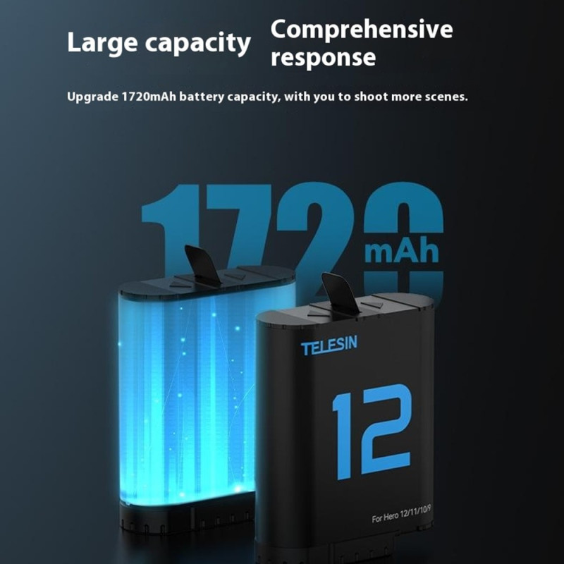 TELESIN S0-BCG-04-TGP for GoPro Hero 12/11/10/9 ladeveske med 2 batterier