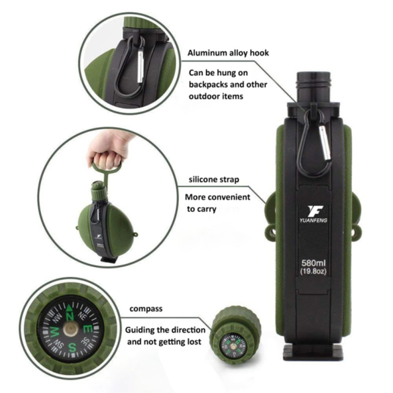 580 ml collapsible silicone water bottle with compass