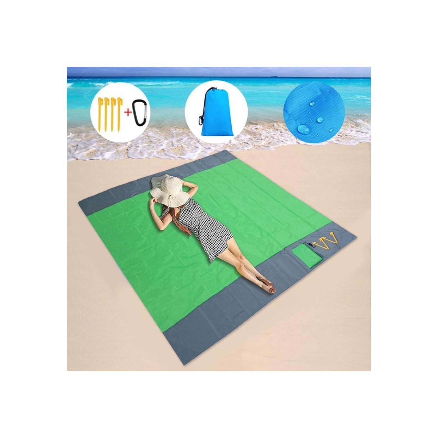 Beach Blanket 210x200cm Large Sandproof Waterproof Beach Mat Green
