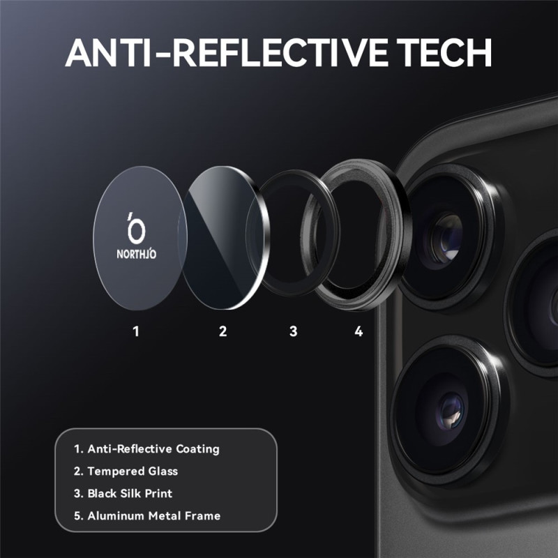 NORTHJO For iPhone 17 Pro Max / iPhone 17 Pro Camera Lens Protector Tempered Glass Metal Ring