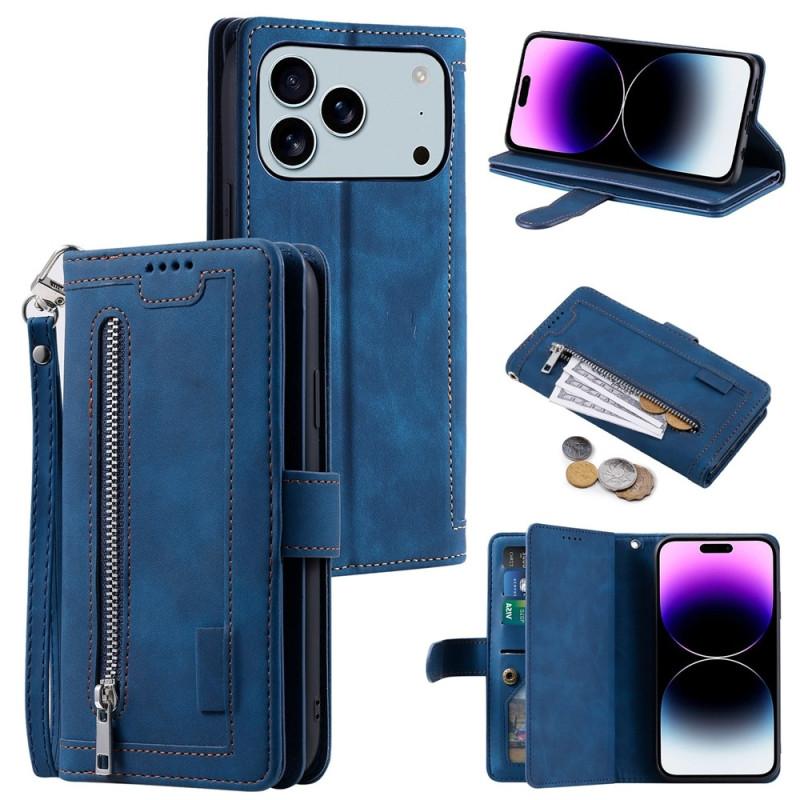 For iPhone 17 Pro Max Case Zipper Pocket PU Leather Phone Cover with 9 Card Slots