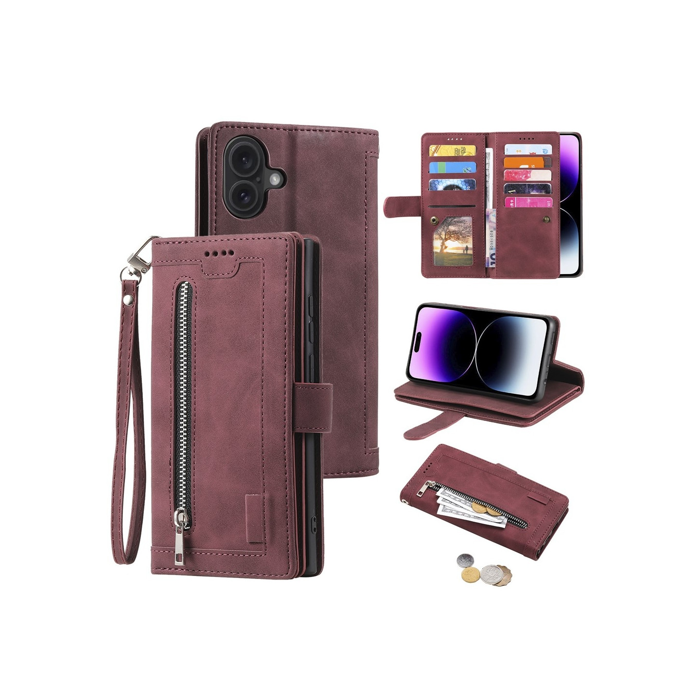 Til iPhone 17 Etui med Lynlåslomme og 9 Kortlommer