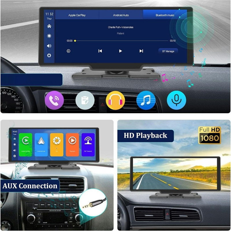 Langaton CarPlay-näyttö 10,3 tuuman HD-kosketusnäyttö Autoradio CarPlay/Android Auto FM-lähetin