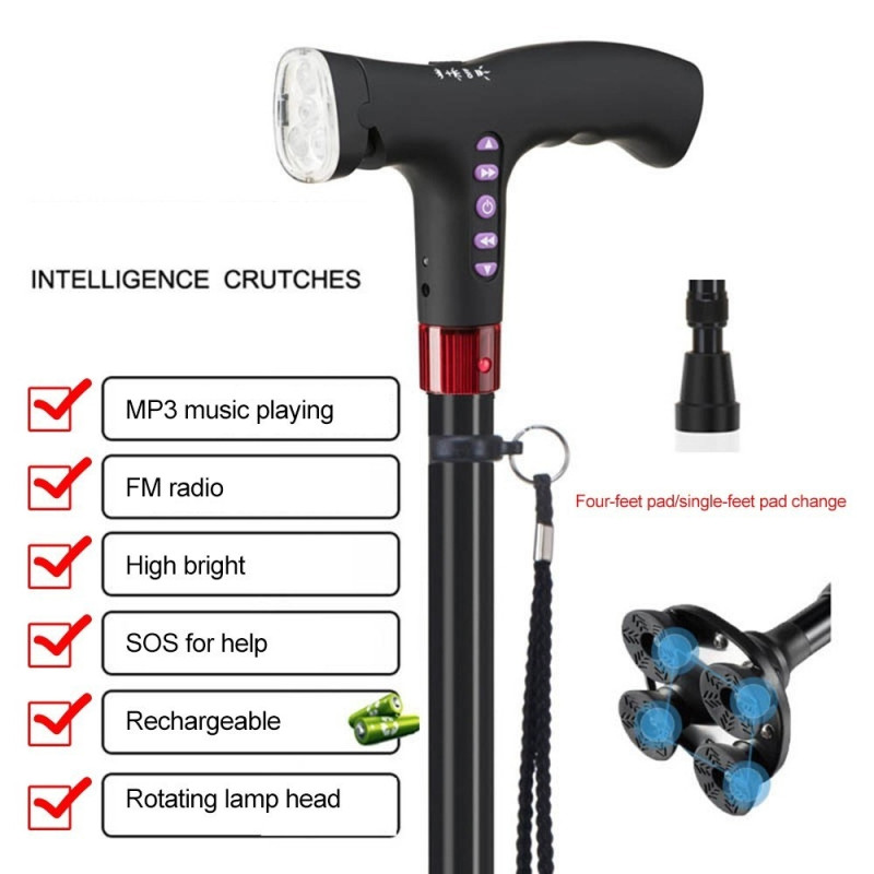 Adjustable Cane Walking Stick LED Light FM Radio MP3 Smart Safety Cane with Fall Alarm