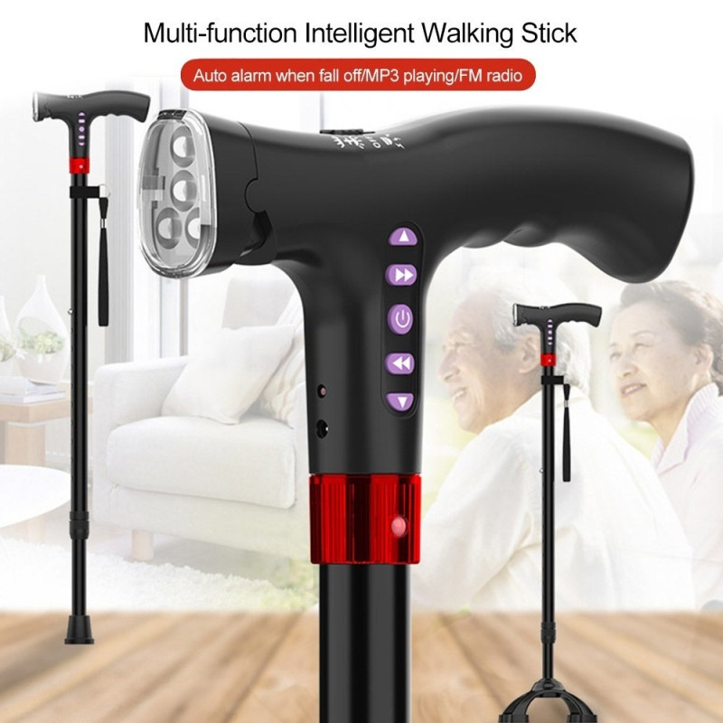 Adjustable Cane Walking Stick LED Light FM Radio MP3 Smart Safety Cane with Fall Alarm