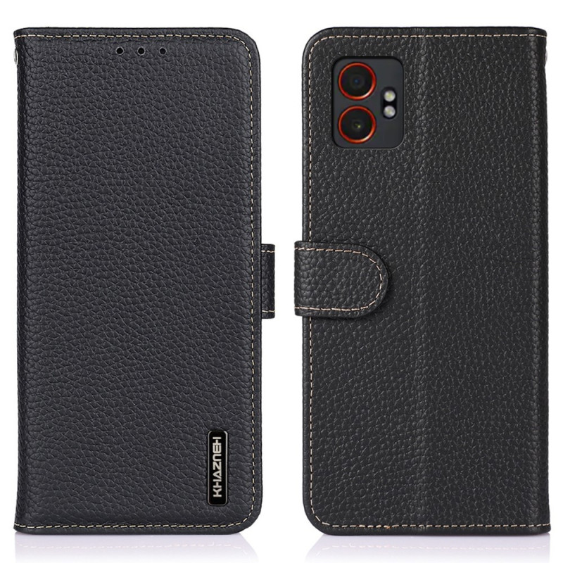 KHAZNEH For Samsung Galaxy XCover7 Pro Case Genuine Cow Leather Flip Phone Cover - Black