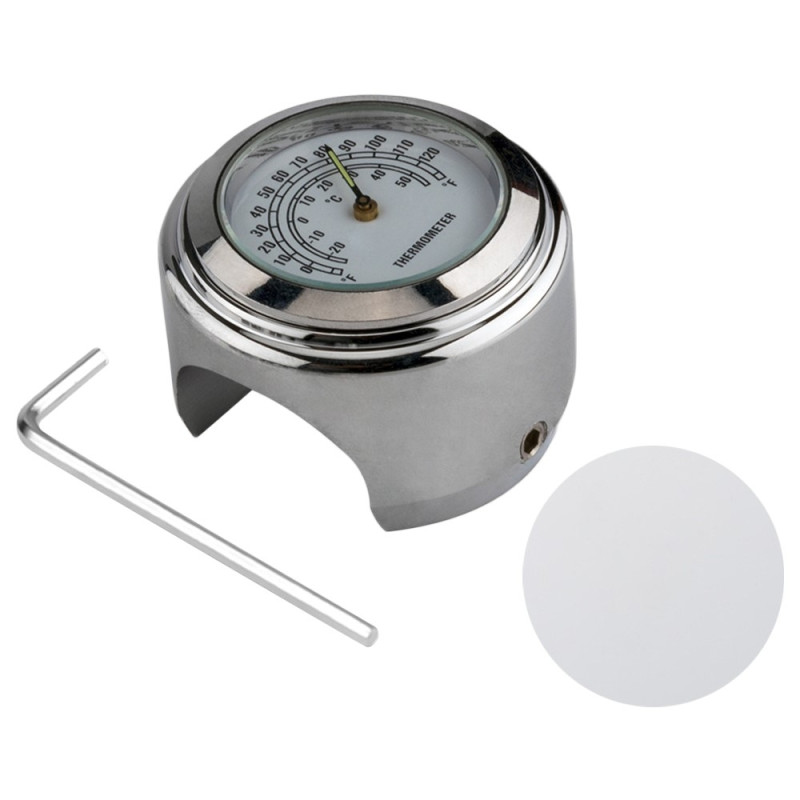 Termometer for motorsykkel 22-25,4 mm styre med lysende overflate - sølvfarget skall med hvit urskive