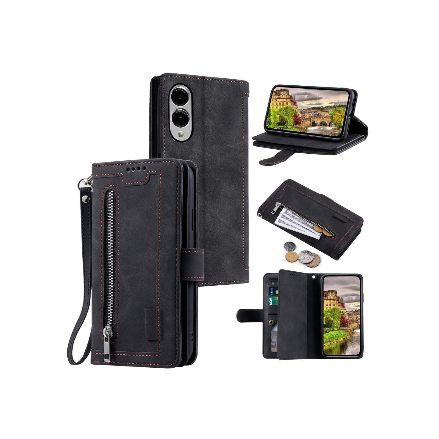 For Samsung Galaxy S25 Edge Case Zipper Pocket PU Leather Phone Cover with 9 Card Slots