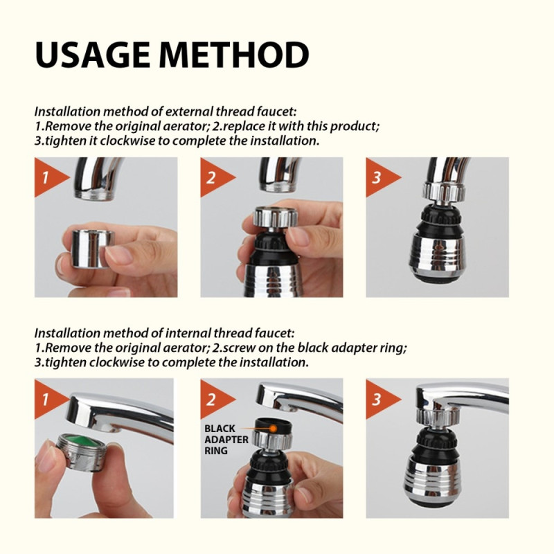 360 astetta kääntyvä vesihana, 2-asentoinen keittiöhana, ilmastusallas