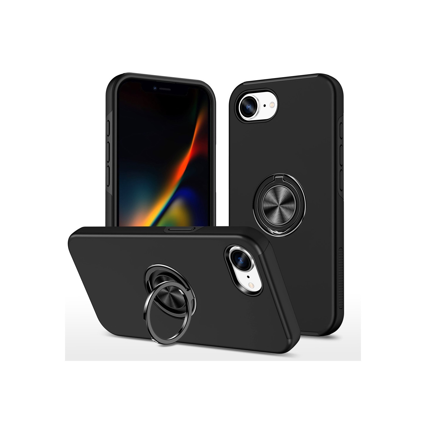 Til iPhone 16e Finger Ring Kickstand Hybrid Taske - Sort