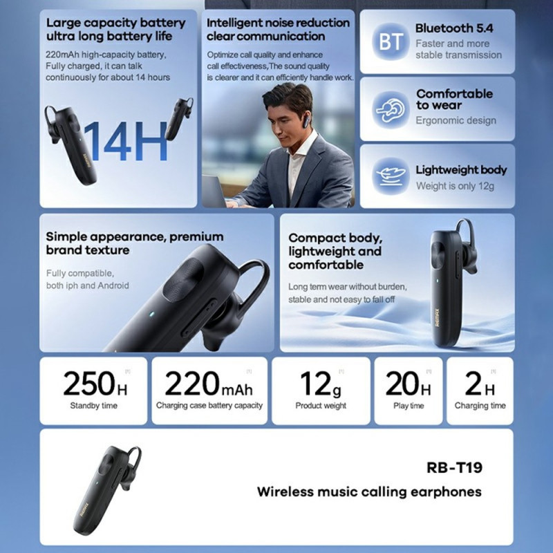 REMAX Bluetooth Headset-øretelefon med mikrofon Støyreduksjon Call Music Call