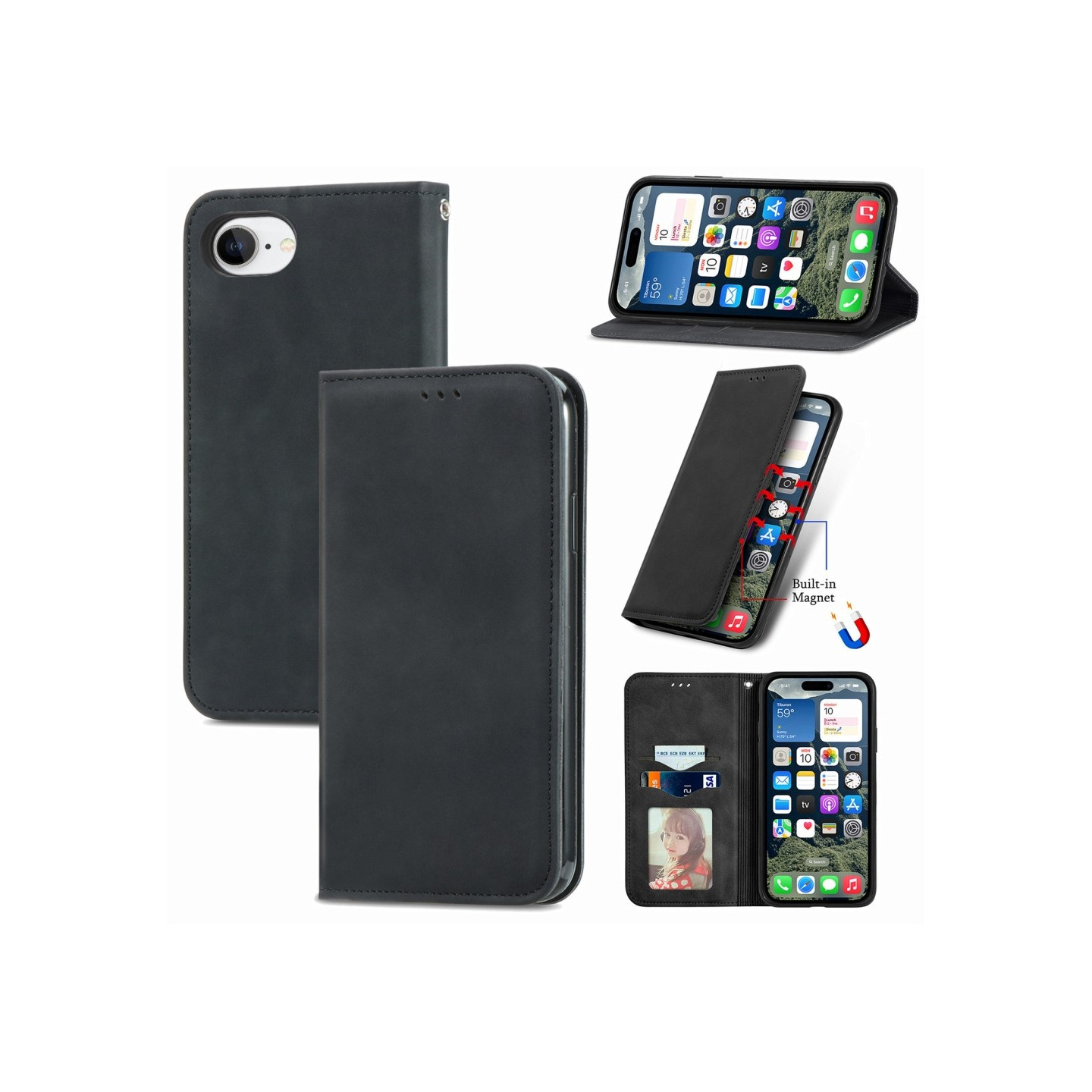 Til iPhone 16e cover med kortholder magnetisk absorberende telefoncover - Sort