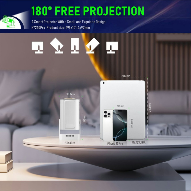 HY260 Pro Projektor 1GB+8GB Android 11.0 WiFi6 BT5.4 hemmabio 200 ANSI Lumen