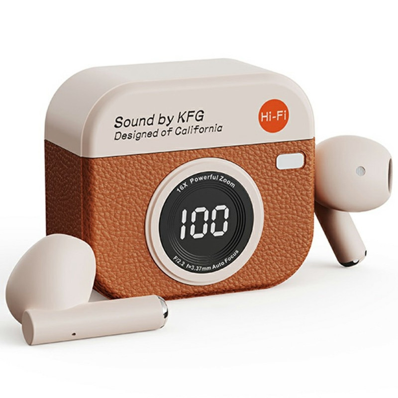 Retro Camera Design Bluetooth Headphones Noise Cancelling In-Ear Headphones - Brown