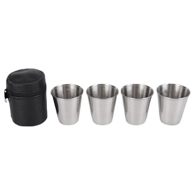 Rostfritt stål Shot Glas Snaps Glas Set 4 ST med Fodral för camping / picknick