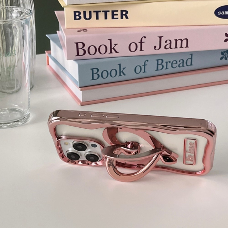 For iPhone 15 Pro Cover Love Heart Kickstand TPU Electroplated Clear Cell Phone Case - Pink