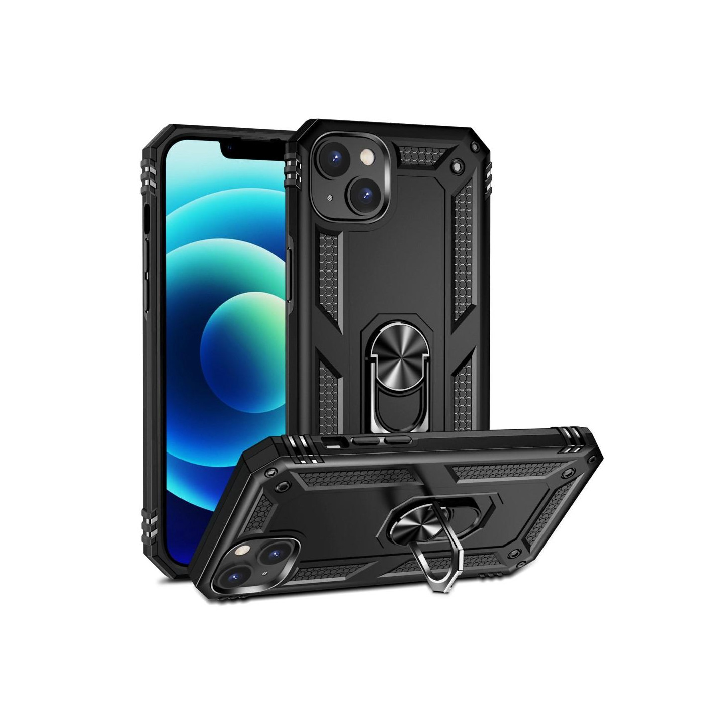 iPhone 14 Shockproof TPU + PC Kickstand Phone Case Car Mount Metal Sheet - Black