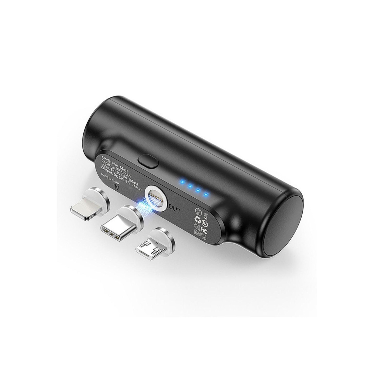 3000mAh virtapankki, jossa 3 magneettista sovitinta