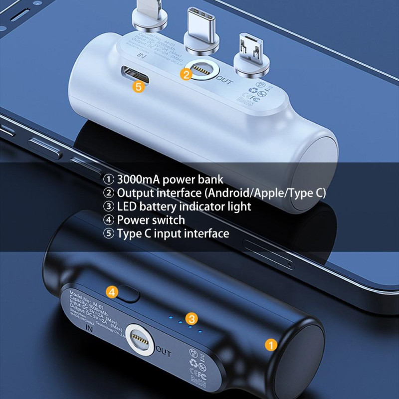 3000mAh Power Bank med 3 magnetiske adaptere