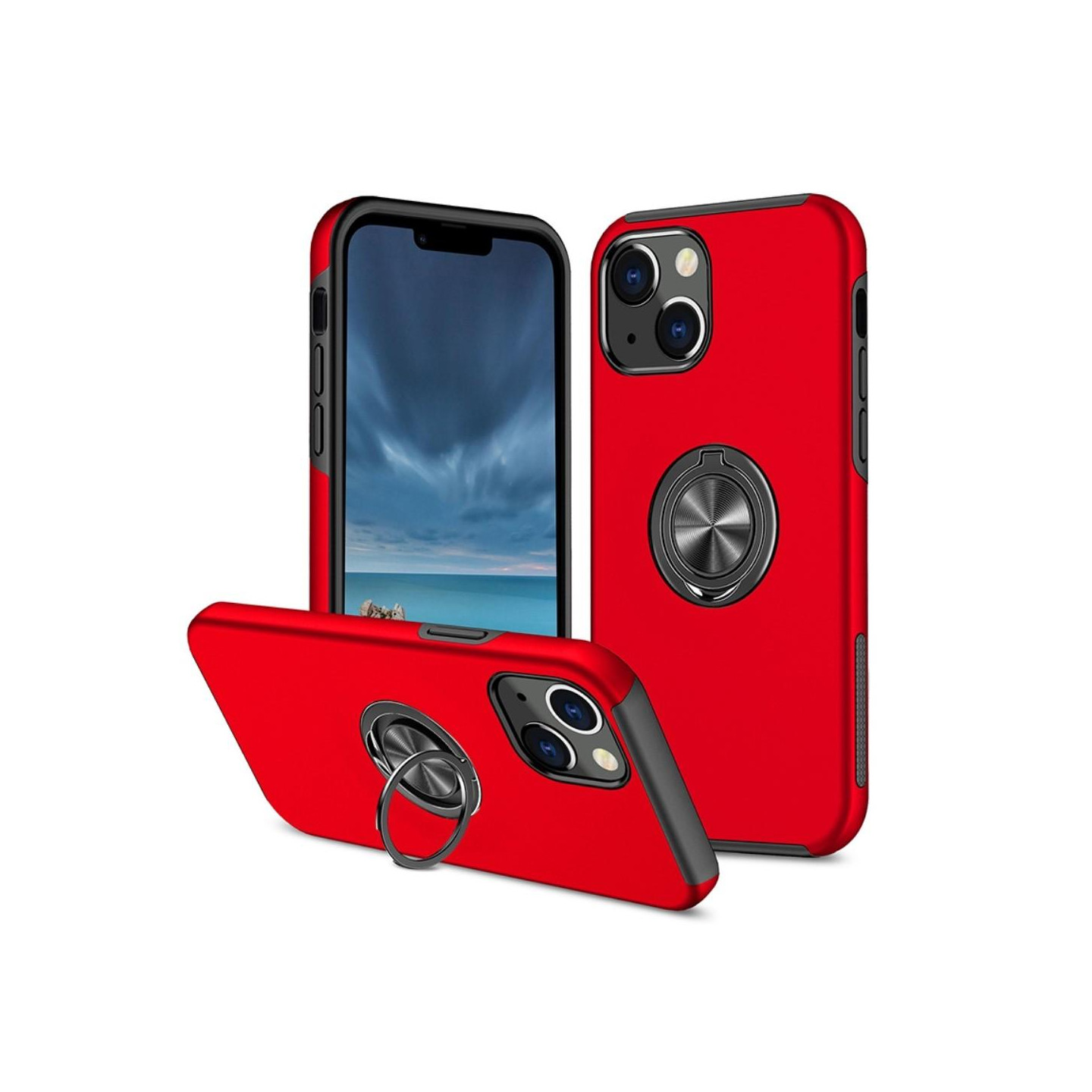 iPhone 14 Plus Finger Ring Kickstand Hybrid Case - Red