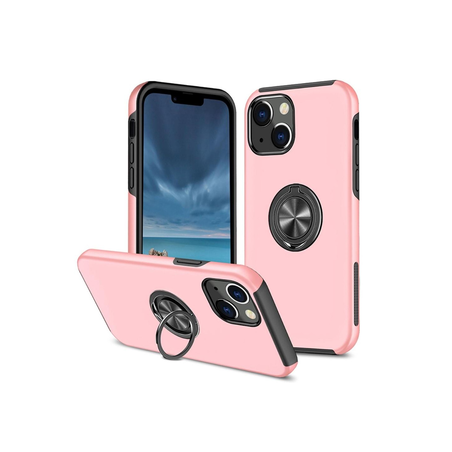 iPhone 14 Finger Ring Kickstand Hybrid Case - Pink