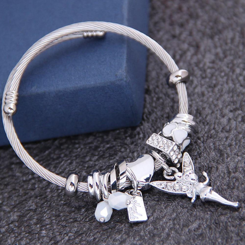 Stainless Steel Hopea Tone Charm Retro Bracelet with Rhinestone Fairy