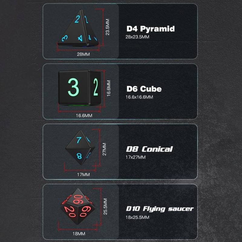 7 kpl/sarja LED - valaisevia noppapelien polyhedronipapelejä