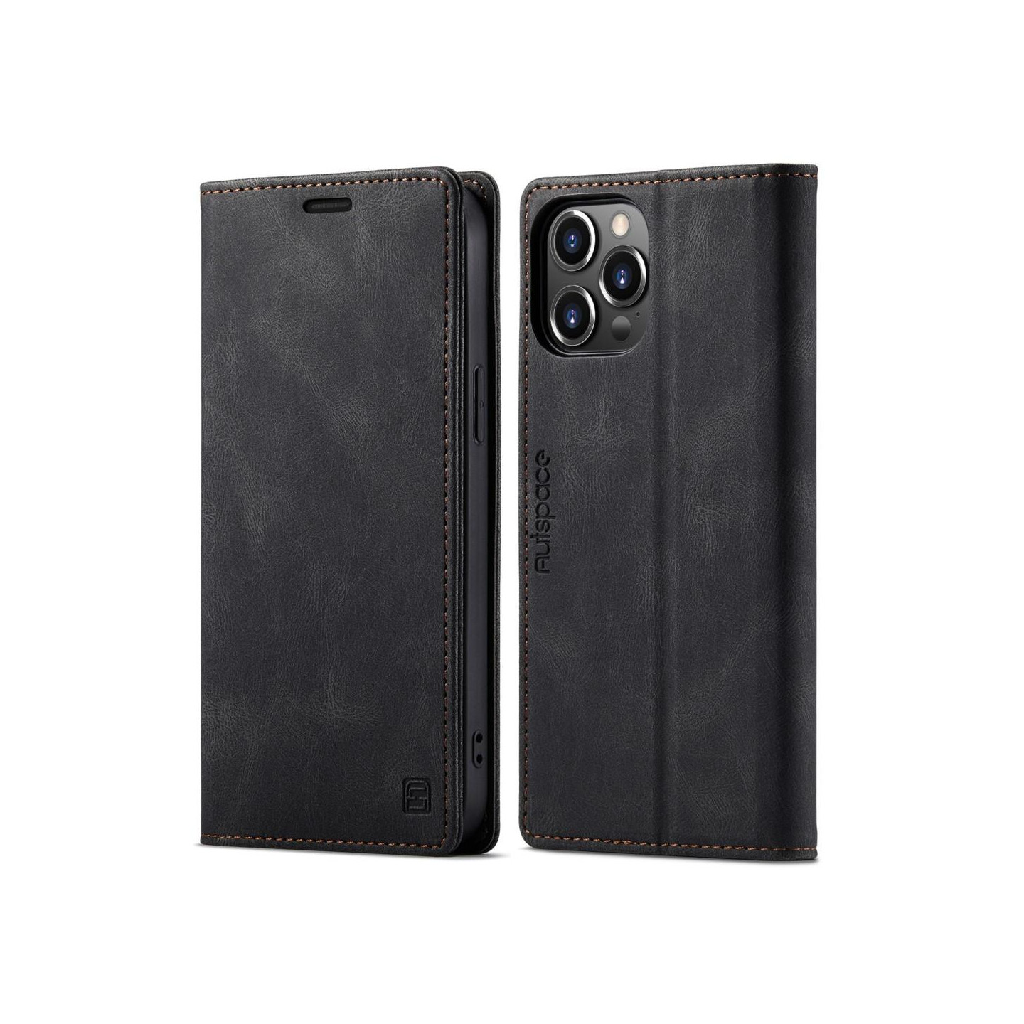 AUTSPACE A01 Retro tegnebog taske til iPhone 13 Pro - sort