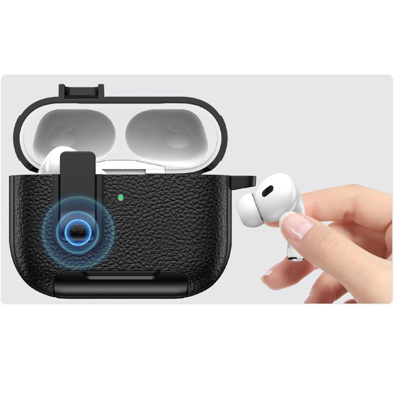 AirPods Pro 3:lle tarkoitettu suojakotelo jalustalla, suojus lukolla ja karabiinihaalla