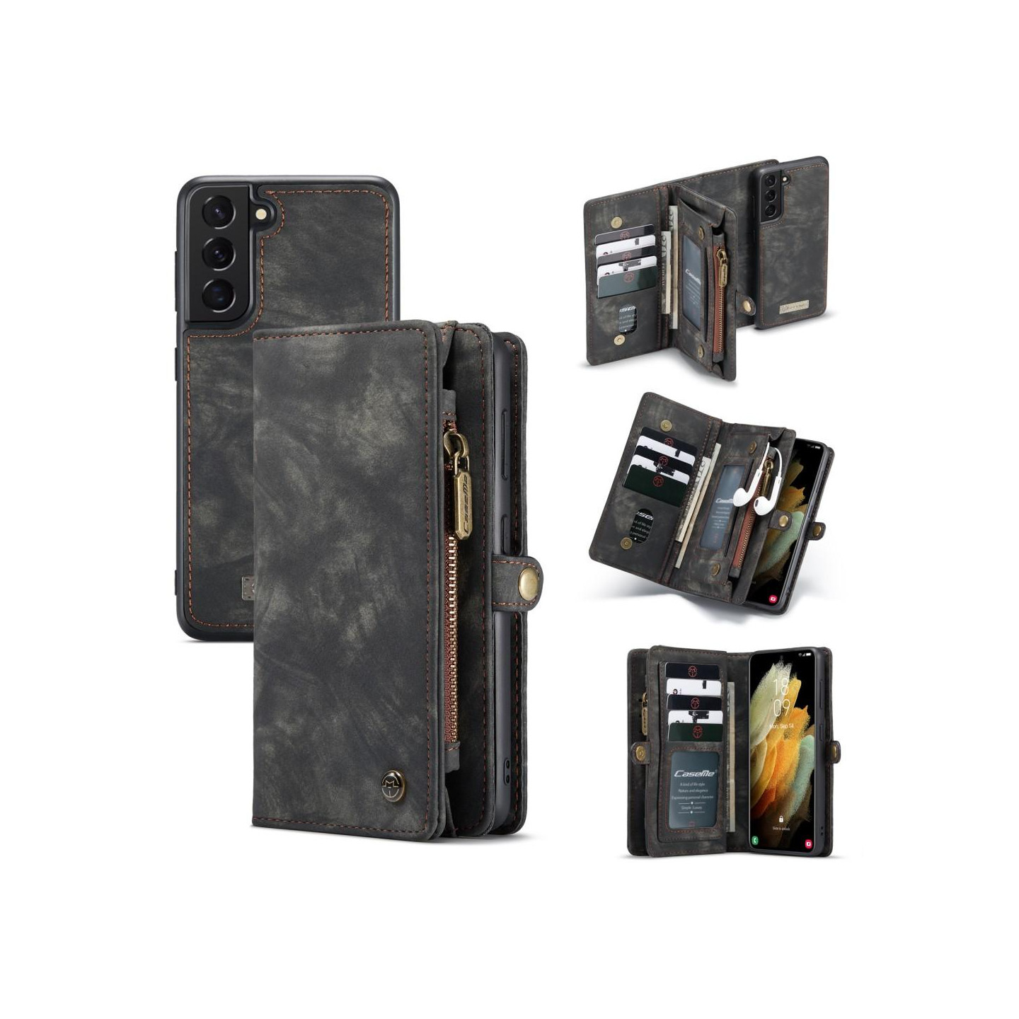 CASEME Samsung Galaxy S21 Retro Lær Lommebok - deksel - Grå/Svart