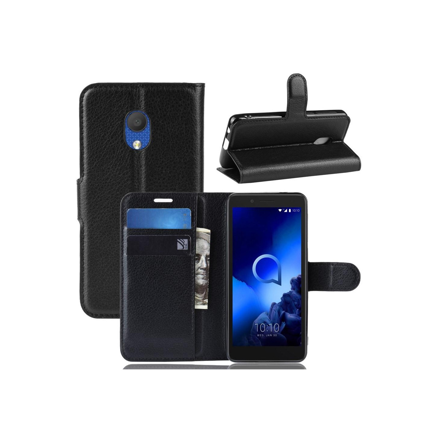 Litch Skin PU Walle Case wit Stand fo Alcatel 1C 2019 - Black