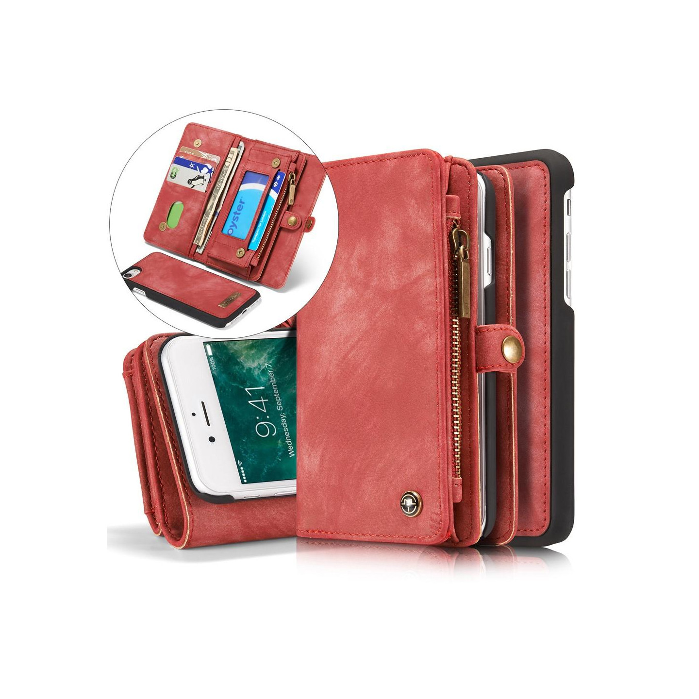 CASEME iPhone 8 / 7 / SE Retro Split läder plånbokscase - Red